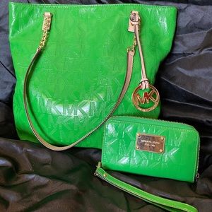 Michael Kors green purse and wallet